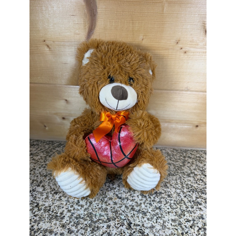 Walmart Brown Shaggy Teddy Bear Plush Basketball Heart Orange Bow 11 Inch